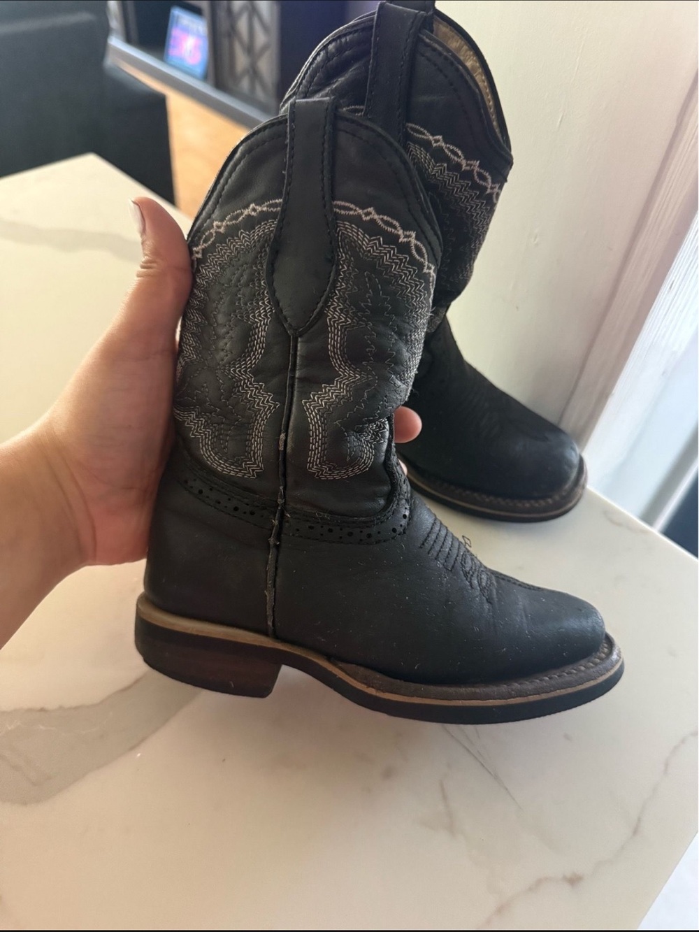 Kids Black Western Cowboy Boots with Decorative Stitching